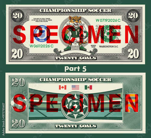 Vector banknote, denomination of 20 goals. Cartoon jaguar, ball and football uniform. Obverse, reverse. 2026. championship. Flags of United States, Canada and Mexico. Soccer twenty