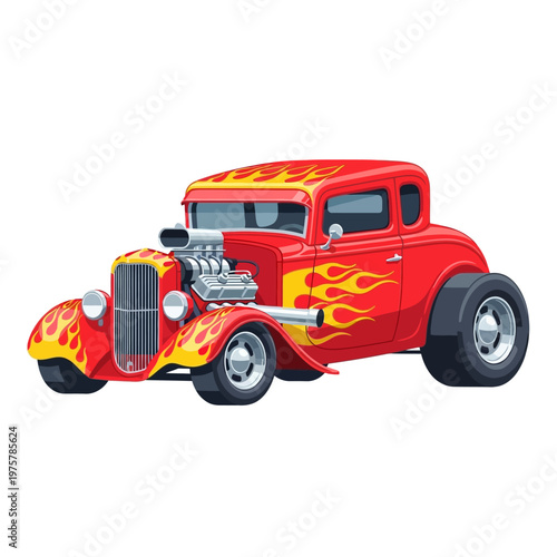 Vintage Red Hot Rod Car with Flames and Supercharger - Classic American Muscle