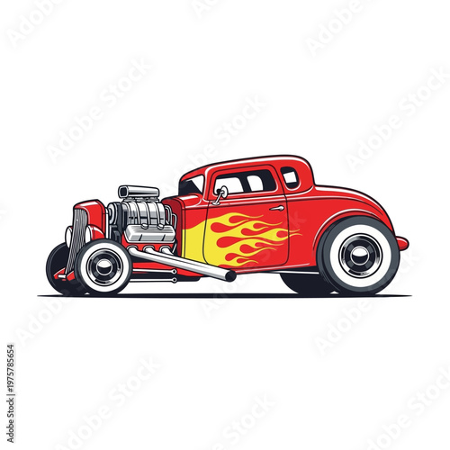 Vintage Red Hot Rod Car with Flames and Supercharger Illustration