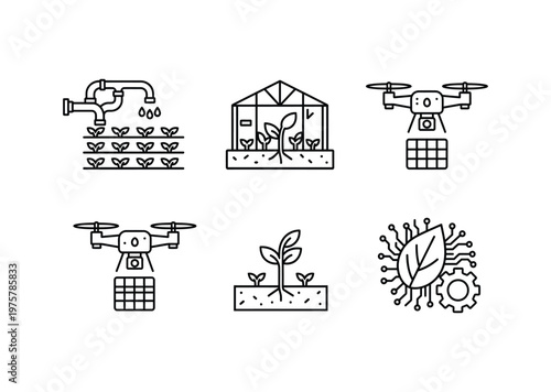 Vector drawing of various agricultural technologies including drones and hydroponics