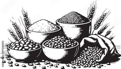 Black and white illustration of various grains and seeds in containers