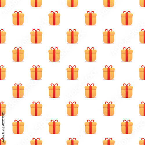 Repeating yellow gift boxes with red ribbons creating a festive background pattern