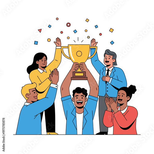 Team celebrating victory holding golden trophy with confetti, concept of success and achievement