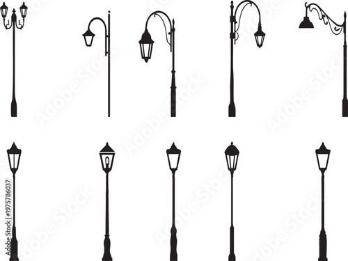 Collection of street lamp silhouettes on transparent background vector icon set