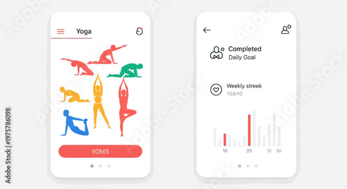 Yoga app interface with mobile phone screens showing various poses and progress tracking