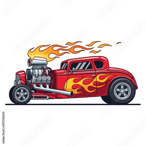 Vintage Red Hot Rod Coupe with Flames and Supercharger