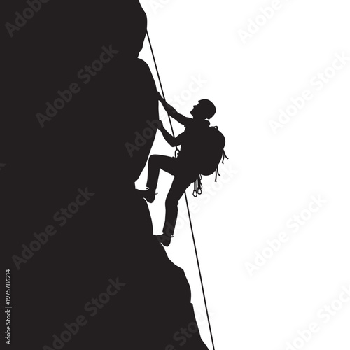 Silhouette of climber ascending steep rock face with rope and backpack