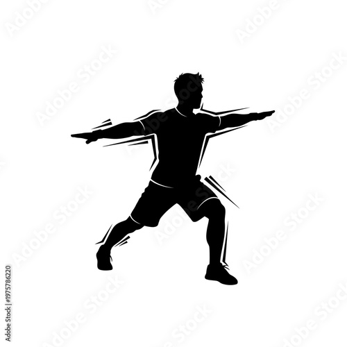 Silhouette of man in yoga warrior pose with dynamic brush strokes