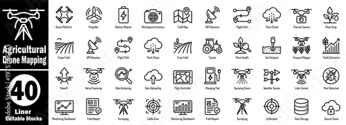 Agricultural drone mapping linear icons for smart farm technology.