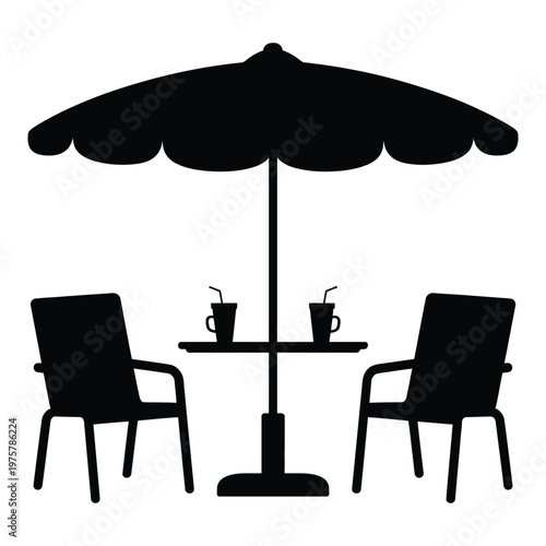 Outdoor Cafe Table With Umbrella Chairs And Drinks Silhouette