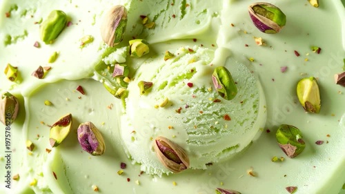 A scoop of light green ice cream with pistachio nuts on top