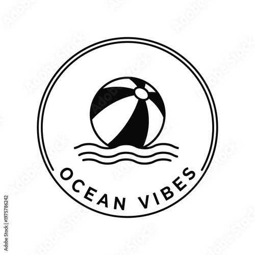 Minimalist Beach Ball on Ocean Waves Circle Logo Summer Vibes Line Art Vector illustration.