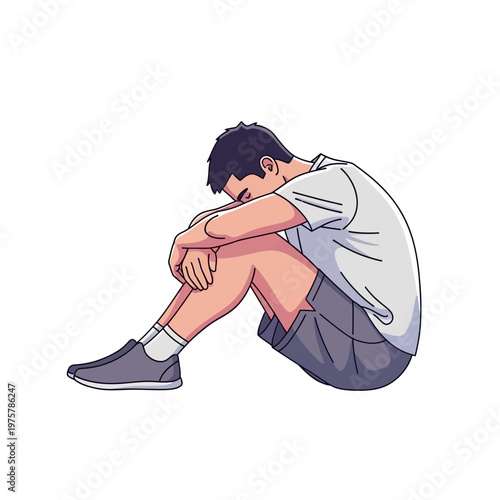 Young Man Sitting Alone, Head Down, Feeling Sad, Isolated, Depression
