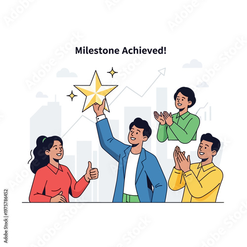 Team celebrating milestone achievement with star award and cityscape background