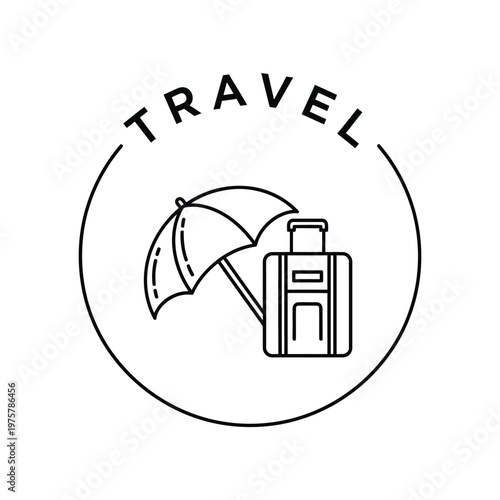 Minimalist Travel Suitcase with Umbrella Circle Logo Vacation Trip Line Art Vector illustration.
