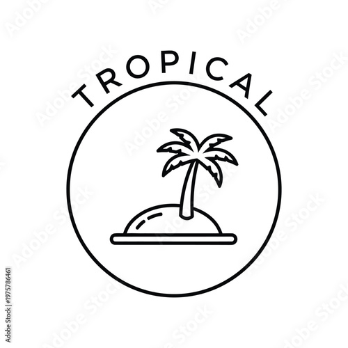 Minimalist Tropical Island Palm Tree Circle Logo Summer Travel Branding Line Art Vector illustration.