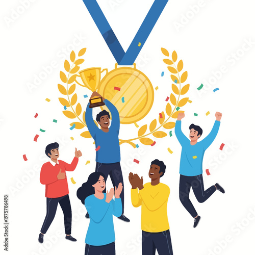 Celebrating Teamwork Victory: People with Trophy, Medal, and Confetti - Success!