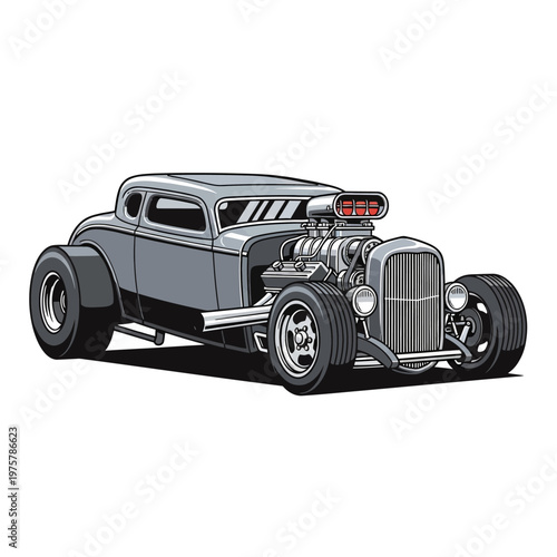 Classic Hot Rod Coupe with Supercharger and Big Tires - Retro American Muscle Car