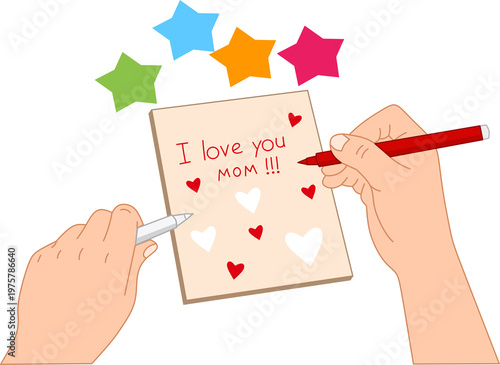Child's hands writing 'I love you Mom' message on a card