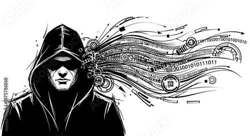 Hooded figure with swirling music notes and code
