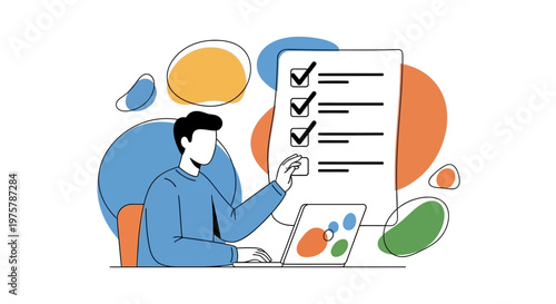 Man checking tasks on laptop with checklist