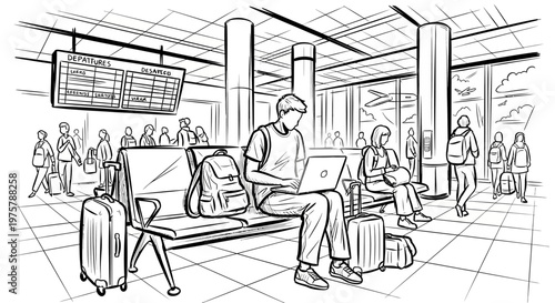 Man sitting with laptop at airport gate