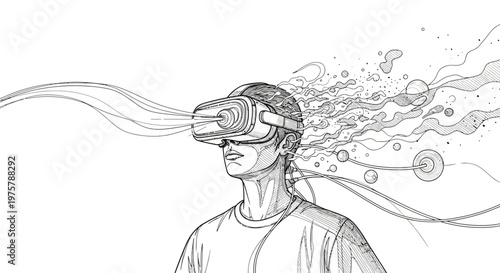 Man wearing futuristic virtual reality headset with wires