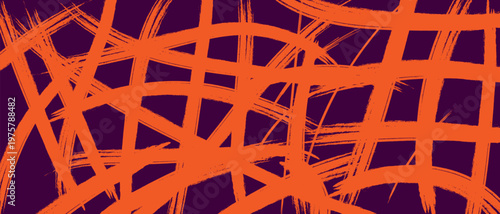 An abstract artwork features a dynamic network of vibrant orange brushstrokes against a deep contrasting purple background high-quality.