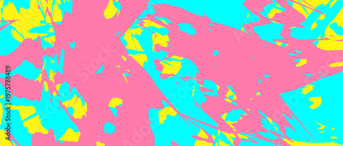 An abstract expressionist composition featuring vibrant splashes of pink cyan and yellow paint creating a dynamic visual texture.