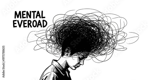 Mental health concept with person and scribbled thoughts