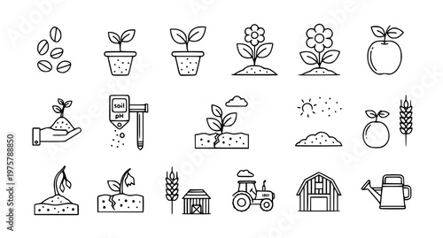 Plant Growth Line Icons Set – Agriculture & Gardening Vector Illustration