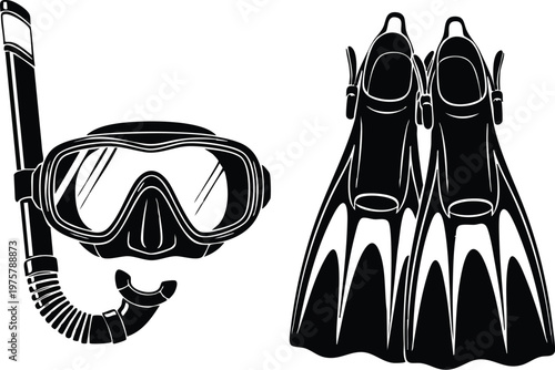Snorkeling Gear Mask and Fins Silhouette Vector