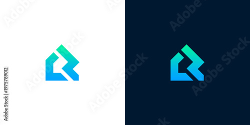 Abstract geometric logo concept with modern blue-green gradient. Stylized house or 'R' shape, versatile for brand identity, innovation, and contemporary business