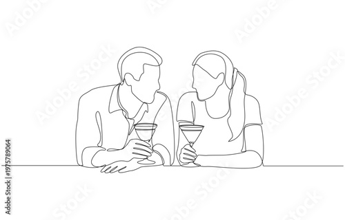 Continuous one line of couple holding drinks and sharing flirty eye contact, single line art