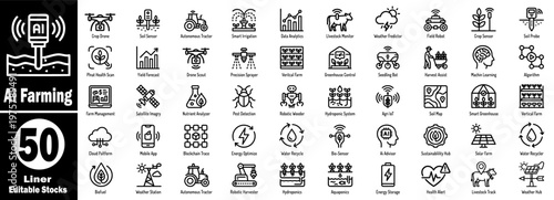 AI Farming: Fifty linear icons for digital agriculture and smart farming tools.