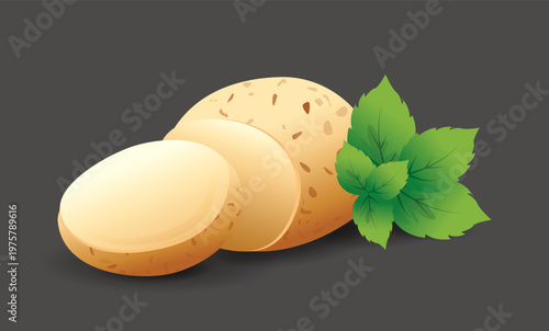 Potato with leaves, Fresh organic vegetable in flat style,  vector illustration.