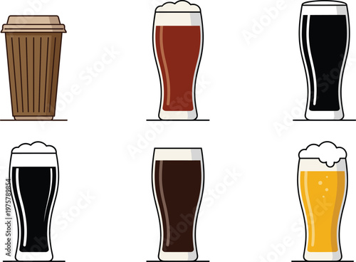 Beer Glass and Coffee Cup Collection with Different Beverage Styles Including Draft Beer, Dark Ale, Lager, and Takeaway Coffee Vector Illustration Set