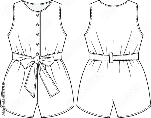 Sleeveless romper fashion technical drawing, belted waist button front design, women’s fitted shorts outfit, front and back view garment flat sketch