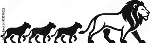 vector Minimalist logo Leading lion followed by three cubs walking silhouette