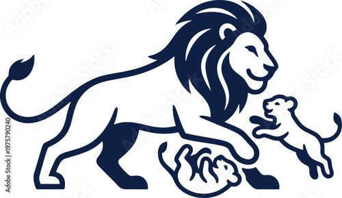 vector Minimalist logo Navy blue lion with two small cubs playing