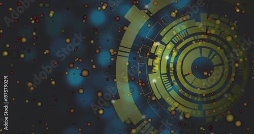 Vertical video: Timeline starting gold HUD rotating specks crossing HUD and bokeh forming tech loop