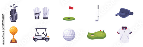 Set of golf sport game equipment icons, club, bag, cart, ball, course, trophy, colorful collection with vector flat illustrations