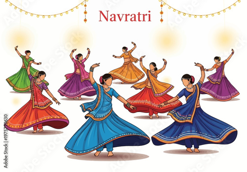 Vibrant Indian women celebrating Navratri with traditional Garba dance in colorful attire