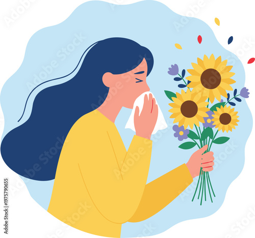 Cartoon allergy reaction in colorful vector illustration of flowers and sneezing person