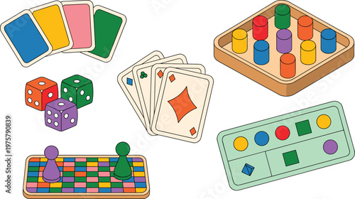 Cartoon board games in colorful vector illustration of dice, cards, pawns, and educational toys