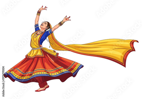 Indian dancer performing traditional Kathakali dance in vibrant costume