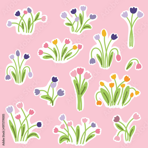 Cute spring flowers stickers set, tulip floral sticker collection, hand drawn style. Collection includes various tulip bouquets and floral elements with white sticker borders.