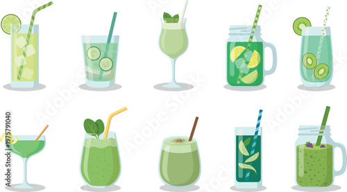 Fresh Green Drinks Collection with Smoothies, Cocktails, Lemonade, and Detox Juices in Glasses for Healthy Summer Beverages Vector Illustration Set