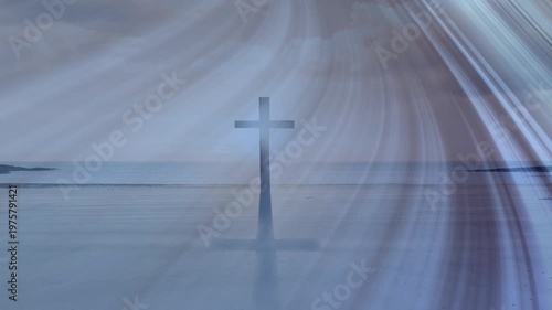 Cross centered, veil entering right drifting, beams sweeping, reflection growing for spiritual use