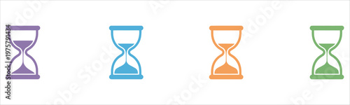 Clean and modern vector-style hourglass illustrations in purple, blue, orange, and green gradients. Ideal for time management, productivity, business, and design projects.